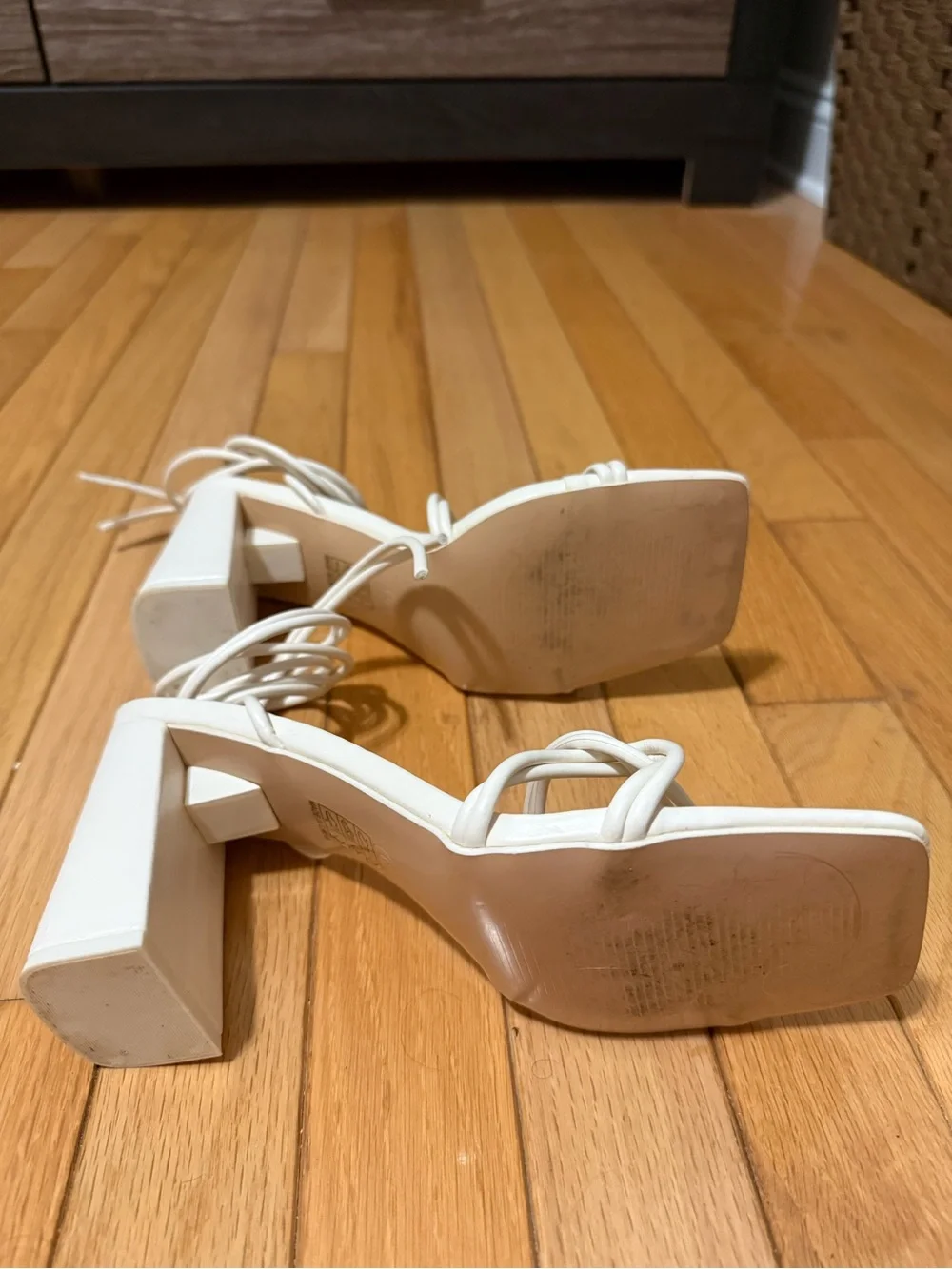 ASOS Cream Strappy Block Heel Sandals with Ankle Tie